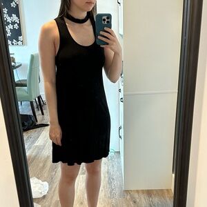 black topshop dress with choker neckline